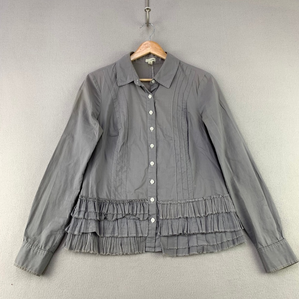 Odille anthropologie Ruffle Hem Button Up Shirt Women 4 Gray Boho Pintuck Blouse